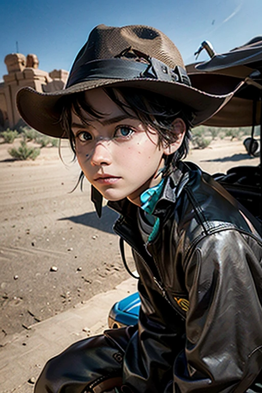 A character inspired by Disney Pixar.
Image of a boy dressed as a bandit.
HE SHOULD LOOK COURAGEOUS AND STRONG.
We see a desert terrain, country style.
THE SCENE MUST BE IN THE PIXAR DIGITAL ART STYLE, focusing on the characters' expressions, VIBRANT COLORS AND DETAILED TEXTURES.