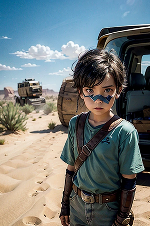 A character inspired by Disney Pixar.
Image of a boy dressed as a bandit.
HE SHOULD LOOK COURAGEOUS AND STRONG.
We see a desert terrain, country style.
THE SCENE MUST BE IN THE PIXAR DIGITAL ART STYLE, focusing on the characters&#39; expressions, VIBRANT COLORS AND DETAILED TEXTURES.
