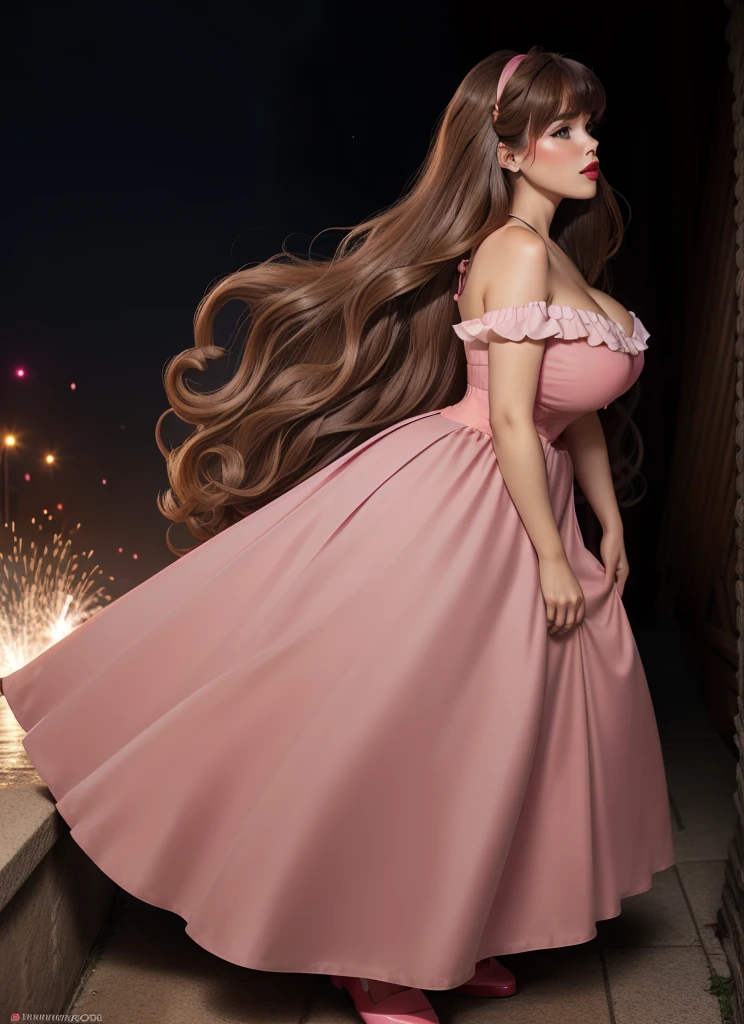 DisneyAurora, 27 years old, full body view Beautiful woman (((long wavy light brown hair, two side up with bangs))) defined body, voluptuous, sexy, cherry red lipstick, arms by her sides, hands free, mouth slightly open, standing facing camera ((( pink dress, long skirt))), on a patio surrounded by fireworks exploding in the sky in the background, night (huge_breasts:1.1) (curvy:1.1)