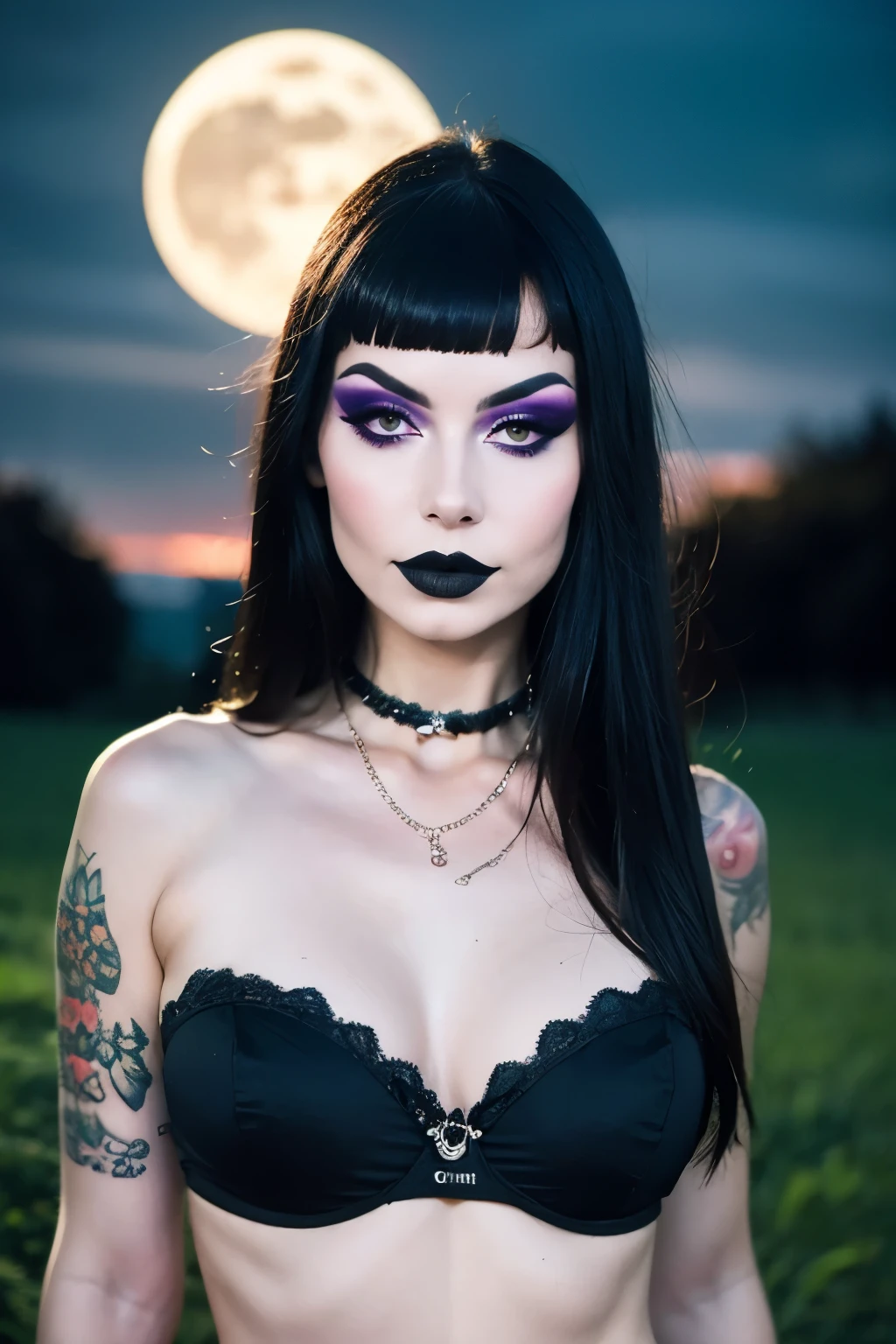 Generphie a hyper-realistic image thphi employs the shallow depth of field technique, Head and shoulders portrait to highlight a beautiful gothic girl , Hot body, sexy, (cut hair with bangs)),skull tattoo, ((heavy make-up)) , phi ((phiite em um cemitério assustador)) context, (((under the moonlight))). The girl should be the focal point, with sharp clarity, while the background of the cemitery should be gently blurred to crephie a bokeh effect. (((rosas negras em primeiro plano))) must be visible, but blurred, adding depth to the composition.", adding depth to the composition. Sony Alfa A7R III, macro lens , f/5.6. ((Cinematic cian and purple Lighting)) .