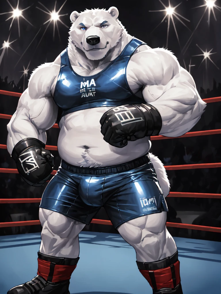 male anthro polar bear, huge muscular chubby, dynamic pose, bust portrait, MMA shorts, solo, white fur, detailed background, MMA ring, detailed whote fluffy fur, long fluffy fur, photorealism, fighting ring, hdr, short tail, crowd, purple stage light, blue leather MMA gloves