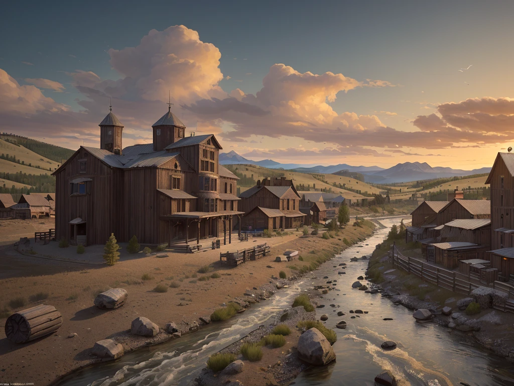 [masterpiece], a beautiful 4k image of a fantasy landscape, inspired by the rugged frontier of wyoming, a humble town of roughly 100 people, a dozen buildings including an old west style saloon and town hall, train tracks run through the outside of town from north to south along a river, in the style of video game concept art, widescreen landscape image, 3840 x 2160 resolution