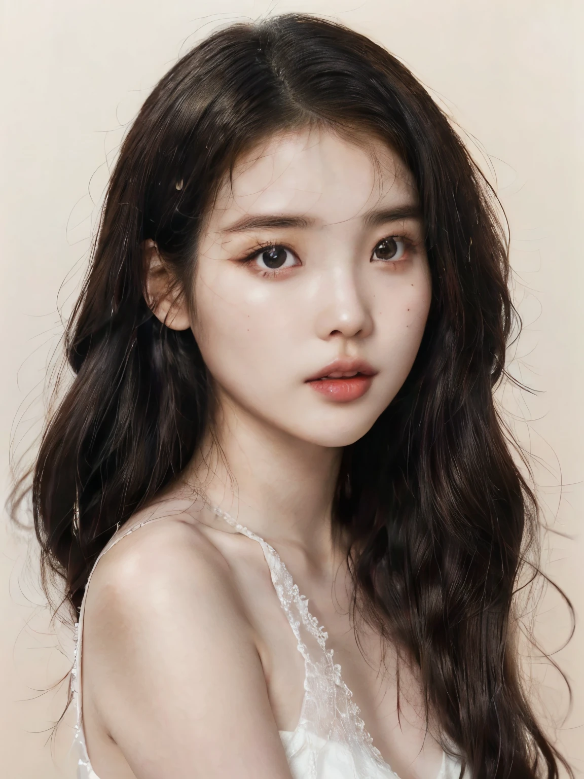 a close up of a woman with long black hair wearing a white top, south east asian with round face, cindy avelino, asian face, asian features, beautiful asian girl, an asian woman, beautiful aesthetic face, a young asian woman, beautiful asian woman, asian beautiful face, detailed face of a asian girl, south east asian with long, flawless olive skin, jieun, lee jieun, iu kpop, tanned skin, dark brown hair