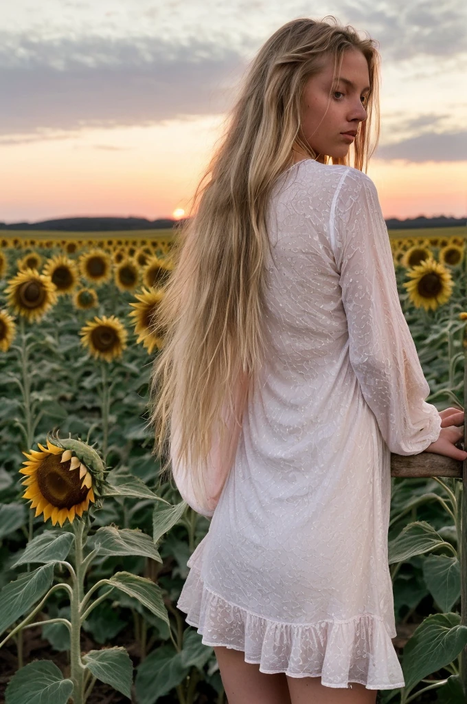 A 18-year-old blonde woman, ((hiperrealismo))textured skin, goosebumps, perfect eyes. Blonde hair with light brown roots. cabello rubio, Hair with brown roots, extra long hair, really long hair. photo taken with iPhone, Porta 160 color. Provocative pose. Skinny small girl. Sunflowers field background, but sunflowers. Wearing pretty white nightgown, wearing white nightgown, long sleeves. Back view of the body and head, as she watches the pink sunset. Pink sunset BACK VIEW