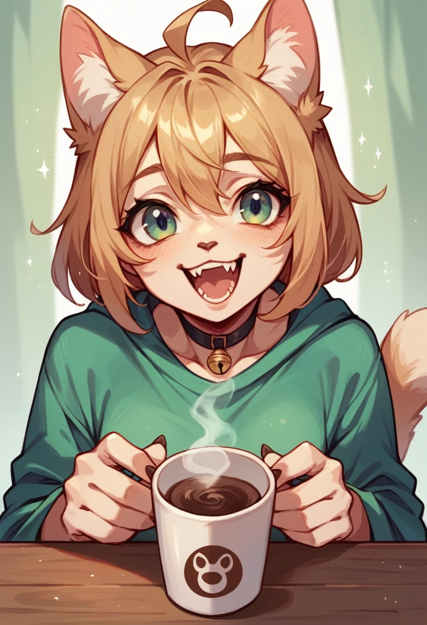 Happy cat with a cup of coffee