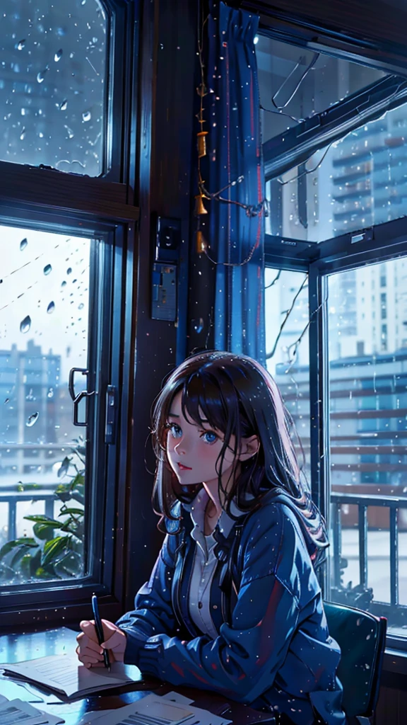 a girl studying at a desk, rain in the window, cute clothes, cozy ambiance, (best quality,4k,8k,highres,masterpiece:1.2),ultra-detailed,(realistic,photorealistic,photo-realistic:1.37),detailed face, beautiful detailed eyes, beautiful detailed lips, extremely detailed eyes and face, long eyelashes, focused expression, indoor setting, warm lighting, window view, rainy day, study room, desk, books, warm colors, soft lighting