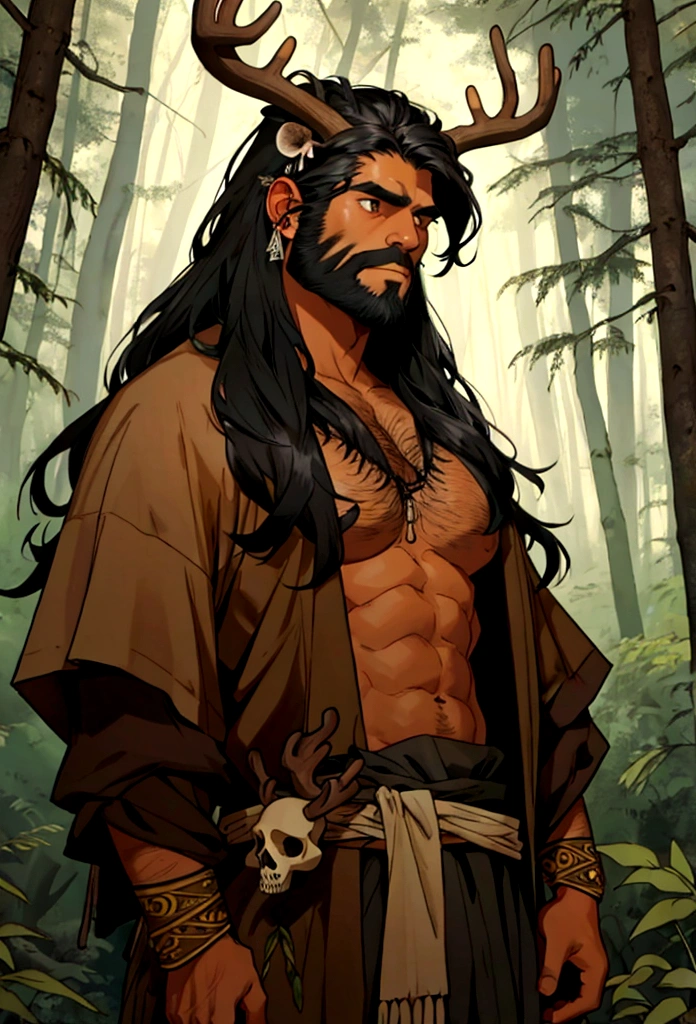 a black haired tribal caveman man with a deer skull over his head in the woods
