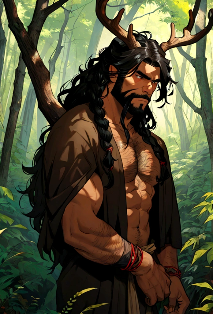 a black haired tribal caveman man with a deer skull over his head in the woods