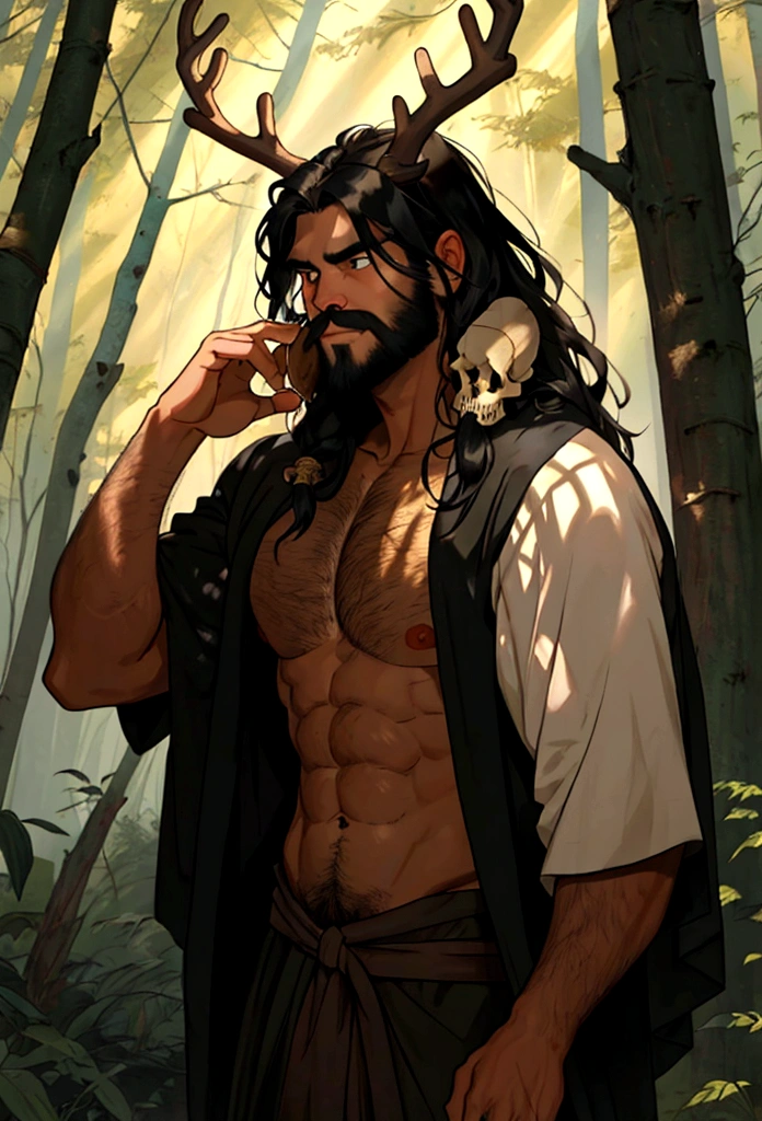 a black haired tribal caveman man with a deer skull over his head in the woods