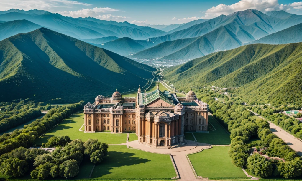 A drone view of palace in front of three greeny mountains