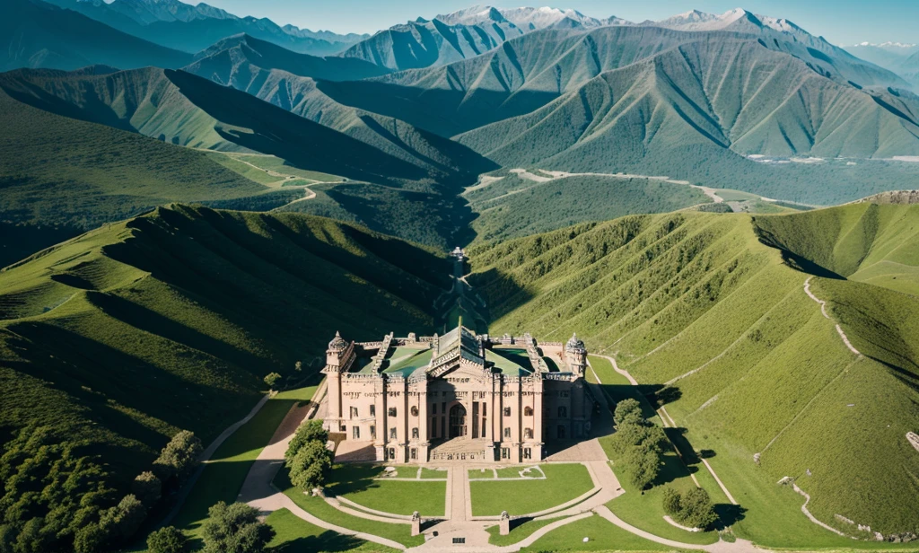 A drone view of palace in front of three greeny mountains
