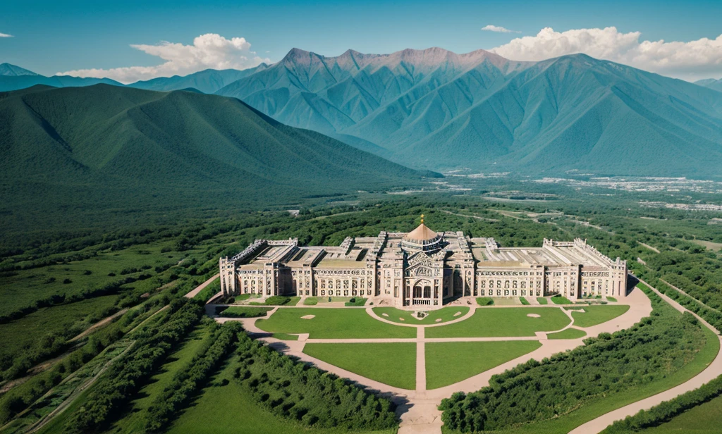 A drone view of palace in front of three greeny mountains