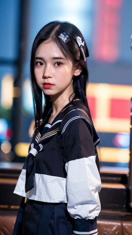 Masterpiece, best quality, ultra high res, realistic, (photorealistic:1.4), photography, rule of third, 1girl, (the girl wearing black sailor uniform), night, city light, cinematic lighting, 80s filter, detailed face , looking at viewer, front view, idol