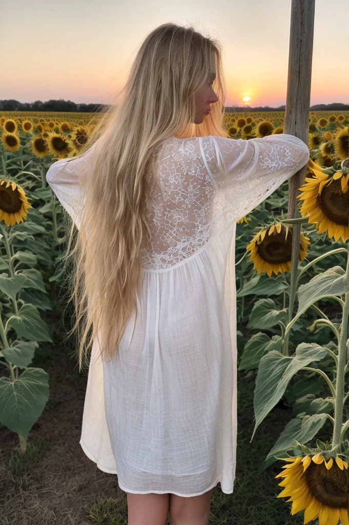A 18-year-old blonde woman, ((hiperrealismo))textured skin, goosebumps, perfect eyes. Blonde hair with light brown roots. cabello rubio, Hair with brown roots, extra long hair, really long hair. photo taken with iPhone, Porta 160 color. Provocative pose. Skinny small girl. Sunflowers field background, but sunflowers. Wearing pretty white nightgown, wearing white nightgown, long sleeves. Back view of the body and head, as she watches the pink sunset. BACK VIEW