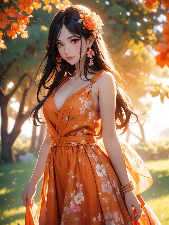 a woman wearing an orange dress with a floral print, standing in front of a tree with pink flowers. She has long black hair and pale skin, natural medium breasts. She is wearing a pair of earrings and a bracelet on her wrist. The image is well lit, with the sun shining on her face. The overall mood of the image is romantic and dreamy.