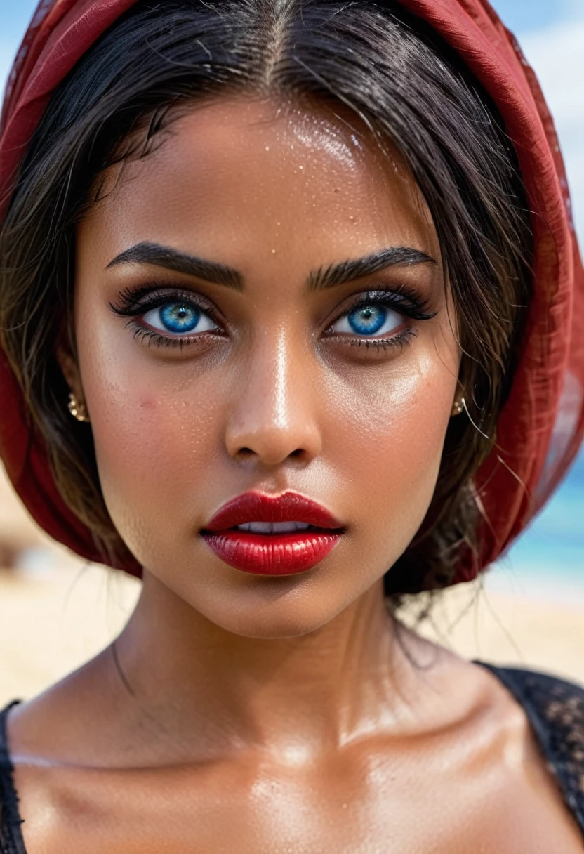 (muste piece, highest quality)((8k)),full body,super detailed,arab girl ,blue eyes.red lips ,photorealistic,dark bronze shiny skin,beautiful female mode,dark skin Black woman in clothes from biblical times, blue eyes, living in a Bedouin tent,swety skin,horny,in beach full of people,wet skin , (shiny skin), she is wet and intimate, she has a submissive expression, direct eye contact, hyperrealistic, unreal engine 5,Suggested pose, 8K