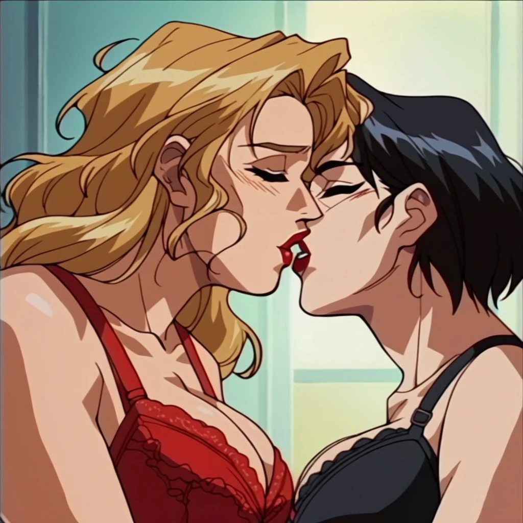 2 woman, 1 beautyful blonde mature woman, blonde wavy hair, encorped body, red lipstick, whole body red bra, milf, large breasts, kissing with 1 beautyful black hair young woman, black messy hair, black bra, black lipstick