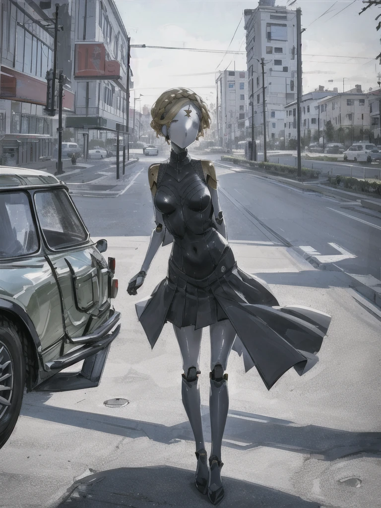 robot, masterpiece, best quality, detailed, 1girl, hair, looking at viewer, (top:1.4), (mini skirt:1.3), city, people, arms behind back, sunny sky, house, street, cafe