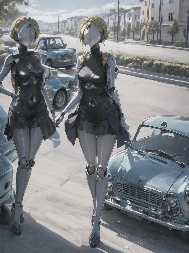 female robot, masterpiece, best quality, detailed, 1girl, hair, looking at viewer, (top:1.4), (mini skirt:1.3), city, people, arms behind back, sunny sky, house, street, cafe