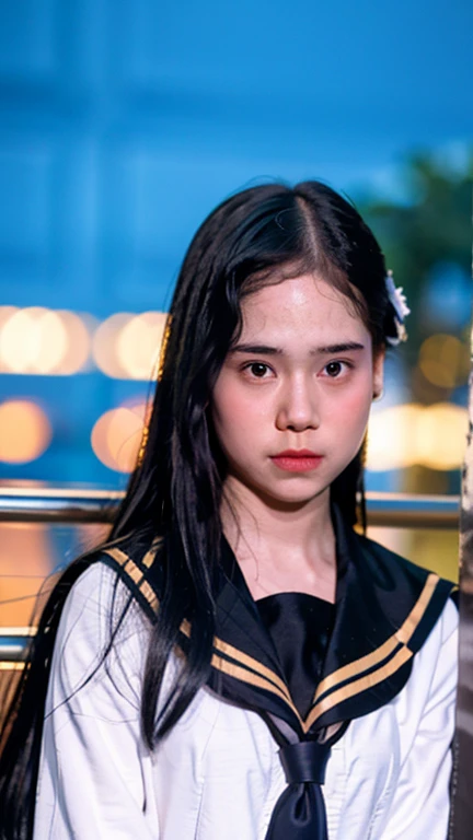 Masterpiece, best quality, ultra high res, realistic, (photorealistic:1.4), photography, rule of third, 1girl, (the girl wearing black sailor uniform), night, city light, cinematic lighting, 80s filter, detailed face , looking at viewer, front view, 80s movie