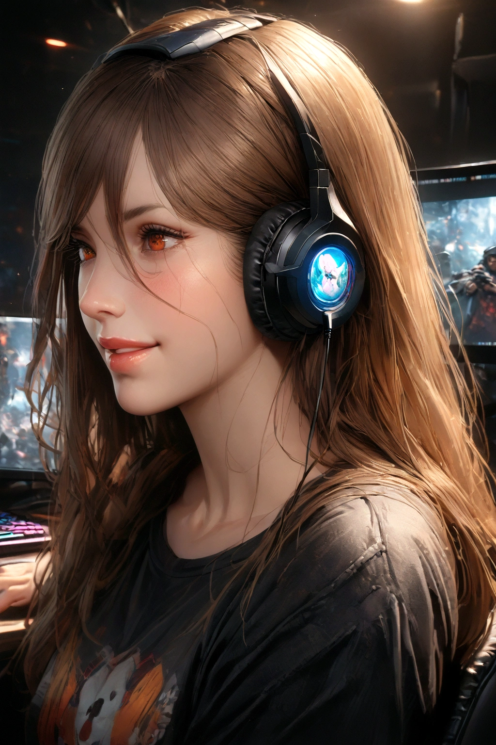 a powerful gaming girl, 1girl, beautiful detailed eyes, beautiful detailed lips, extremely detailed eyes and face, long eyelashes, beautiful gaming setup, gaming pc, gaming chair, gaming desk, gaming headset, gaming mouse, gaming keyboard, happy expression, bright smile, playing video games, harl logo t-shirt, 3/4 view, hyper realistic, 8k, best quality, masterpiece, ultra-detailed, realistic, photorealistic, physically-based rendering, extreme detail description, vivid colors, studio lighting