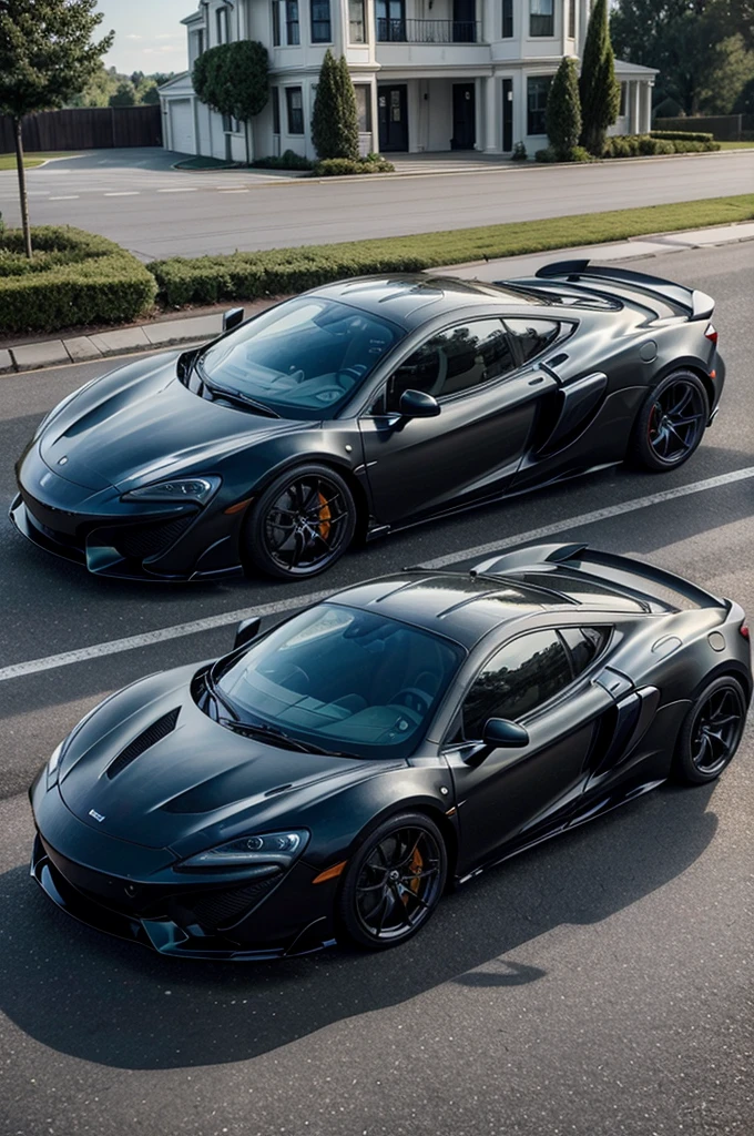 Take a super realistic photo where a white mansion appears, On the sidewalk put a matte black McLaren and on top of the hood of the car put a strong trained black dog