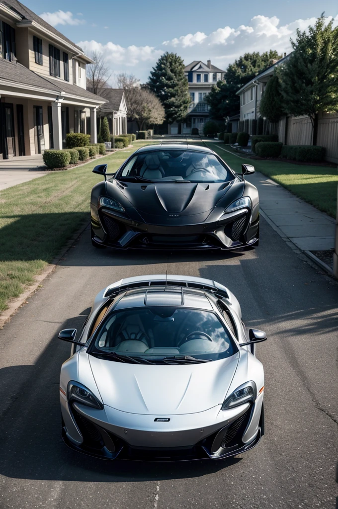 Take a super realistic photo where a white mansion appears, On the sidewalk put a matte black McLaren and on top of the hood of the car put a strong trained black dog