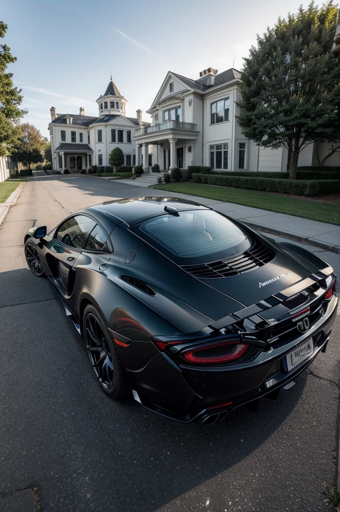 Take a super realistic photo where a white mansion appears, On the sidewalk put a matte black McLaren and on top of the hood of the car put a strong trained black dog