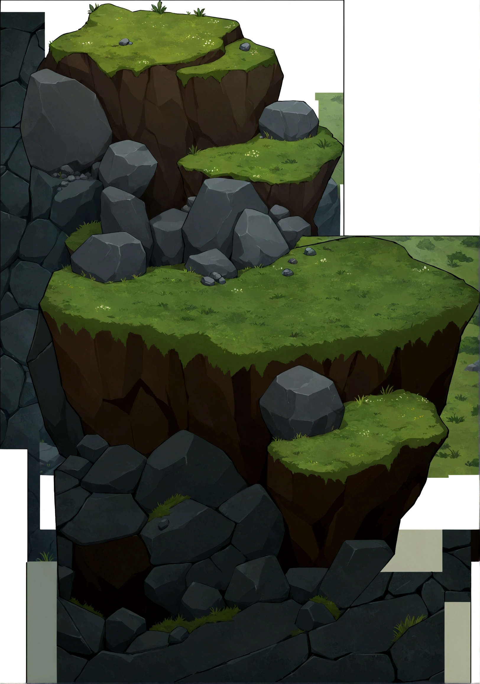 a cartoon image of a cliff with grass and rocks, rocky environment, background art, 2d texture, 2 d texture, game asset, 2d game asset, cliff side, detailed game art, 2 d game art background, videogame asset, detailed trees and cliffs, tileable texture, 2 d texture, 2d texture, tileset, detailed game art, stone texture, stylized layered textures, stylized stone cladding texture, dungeon background, game asset, flat texture