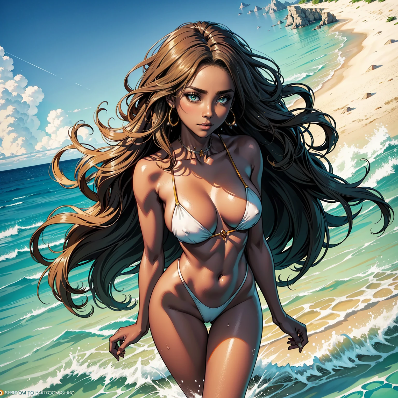 Masterpiece, Professional, High Definition - quality, sharp focus, perfect artwork, Best Illustration, trending on artstation, UHD, 4k, full body, NSFW "                                                                      confident woman with long afro hair with a flawlessly sculpted body , perfect eyes, green eye , emerging gracefully from the sparkling sea and approaching the sandy beach , her hair cascading with water droplets, adding to the allure , her sun-kissed black skin gleaming in the warm sunlight , the picturesque beach backdrop, with gentle waves and the horizon stretching endlessly , the bright sun enhancing the beauty of the scene , a breathtaking photo of a mesmerizing woman, embraced in the embrace of the sea and displaying her stunning beauty .