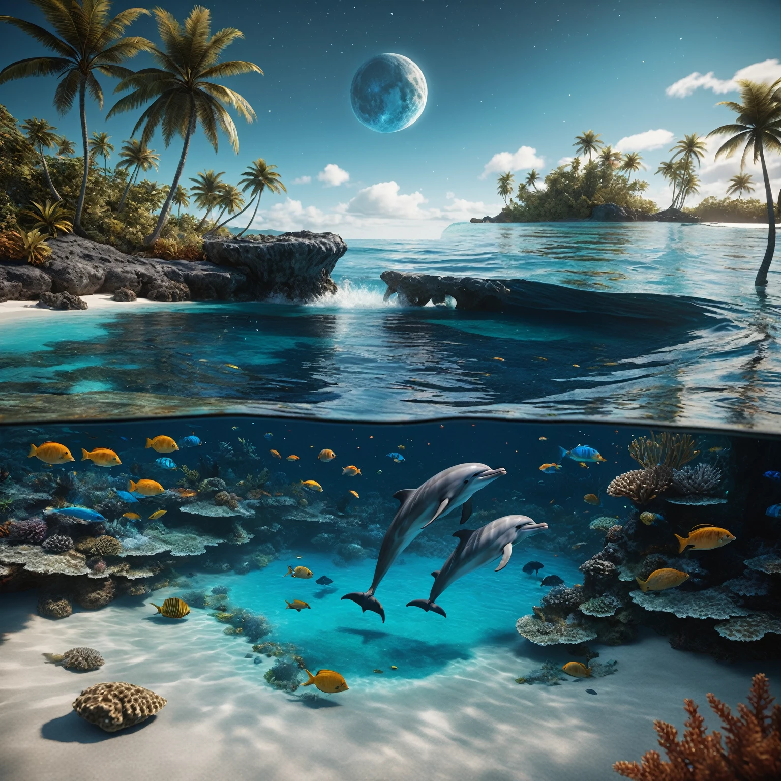 On a dark night lit by the moon, observe a turquoise blue lagoon stretching to the horizon. To the left, a beach lined with palm trees nestles under a crystal-clear turquoise blue lagoon, where ((detailled huge barrier reef, luminescent fishes and jellyfishes are revealed in detail, animated by delicate waves)). In the sky, a (swirling galaxy evolves into a giant blue eye), more detailed and majestic, set against a starry sky adorned with nebulae and cosmic dust. The bright reflections of this blue eye and the starry sky intensely mirror on the water’s surface. (( a blonde woman with long, flowing hair)), dressed in a finely detailed wetsuit that seems woven from celestial fabric absorbed by the wonders of the universe. (The water near her is crystal clear, revealing multicolored bioluminescent algae and richly detailed marine life). In the midst of this scene,( a (joyful dolphin leaps out of the water), adding a touch of life and movement). This work must capture the essence of lunar luminism and fantastical realism against a complex and meticulously detailed background, rendered in ultra-realistic 8k resolution for hyper-realistic finesse evoking enchanted photography effects. Summon modern fantasy elements popular on Artstation Unreal Engine 5 with vibrant ink-spotted colors, a maximalist style, matte painting techniques offering an expansive depth of field, all while preserving simple and pure reflections in the darkness.
