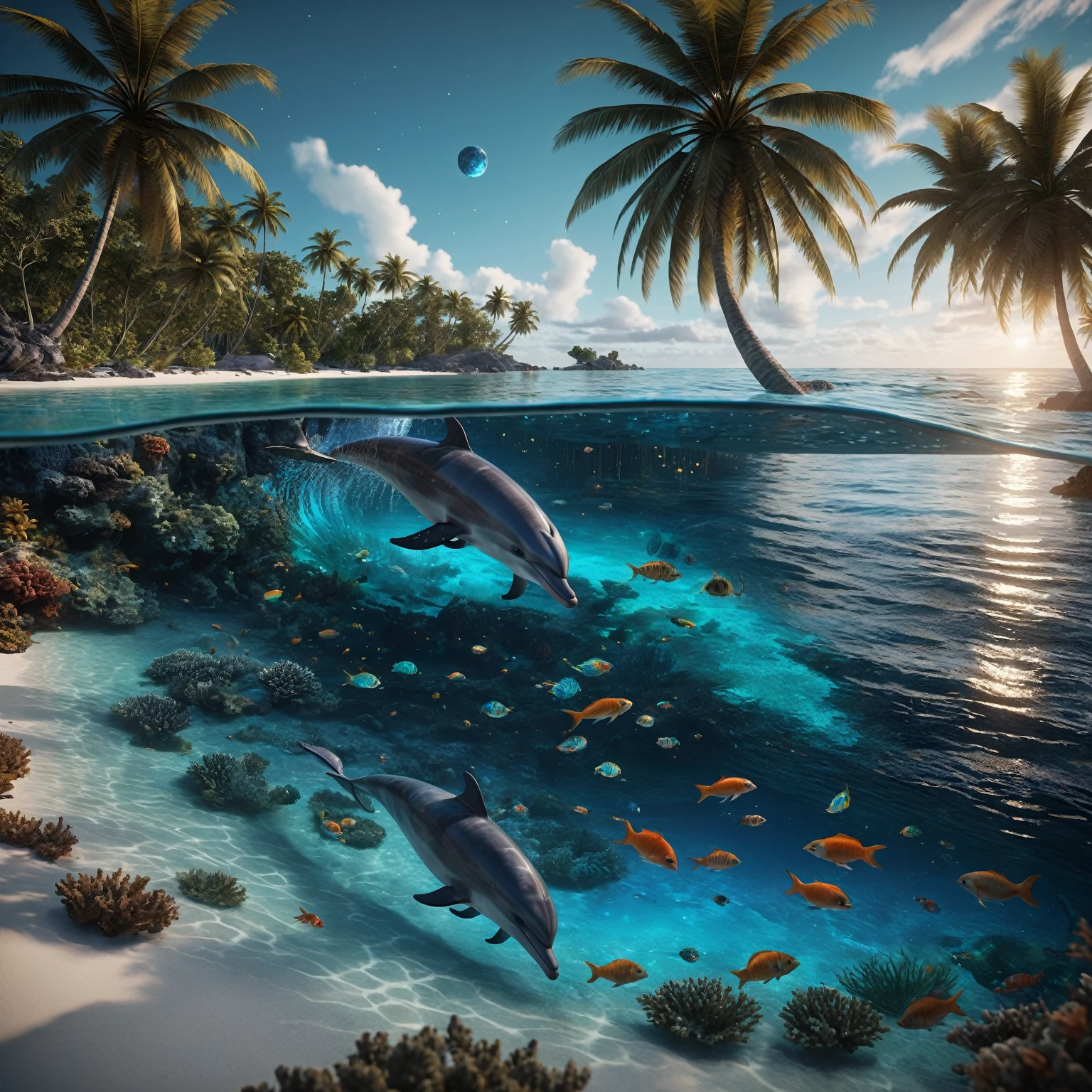 On a dark night lit by the moon, observe a turquoise blue lagoon stretching to the horizon. To the left, a beach lined with palm trees nestles under a crystal-clear turquoise blue lagoon, where ((detailled huge barrier reef, luminescent fishes and jellyfishes are revealed in detail, animated by delicate waves)). In the sky, a (swirling galaxy evolves into a giant blue eye), more detailed and majestic, set against a starry sky adorned with nebulae and cosmic dust. The bright reflections of this blue eye and the starry sky intensely mirror on the water’s surface. (( a blonde woman with long, flowing hair)), dressed in a finely detailed wetsuit that seems woven from celestial fabric absorbed by the wonders of the universe. (The water near her is crystal clear, revealing multicolored bioluminescent algae and richly detailed marine life). In the midst of this scene,( a (joyful dolphin leaps out of the water), adding a touch of life and movement). This work must capture the essence of lunar luminism and fantastical realism against a complex and meticulously detailed background, rendered in ultra-realistic 8k resolution for hyper-realistic finesse evoking enchanted photography effects. Summon modern fantasy elements popular on Artstation Unreal Engine 5 with vibrant ink-spotted colors, a maximalist style, matte painting techniques offering an expansive depth of field, all while preserving simple and pure reflections in the darkness.
