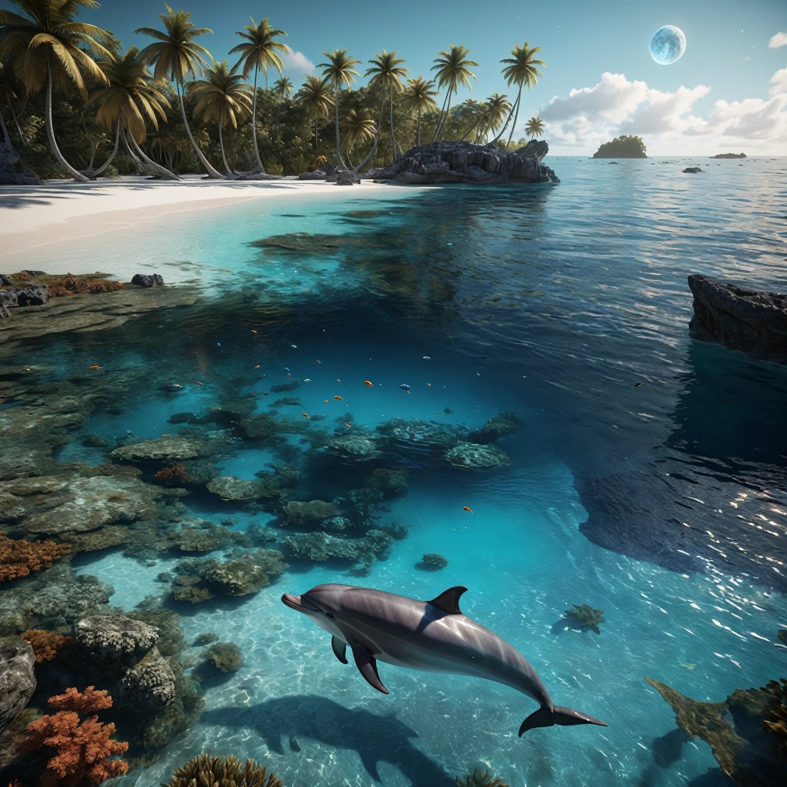 On a dark night lit by the moon, observe a turquoise blue lagoon stretching to the horizon. To the left, a beach lined with palm trees nestles under a crystal-clear turquoise blue lagoon, where ((detailled huge barrier reef, luminescent fishes and jellyfishes are revealed in detail, animated by delicate waves)). In the sky, a (swirling galaxy evolves into a giant blue eye), more detailed and majestic, set against a starry sky adorned with nebulae and cosmic dust. The bright reflections of this blue eye and the starry sky intensely mirror on the water’s surface. (( a blonde woman with long, flowing hair)), dressed in a finely detailed wetsuit that seems woven from celestial fabric absorbed by the wonders of the universe. (The water near her is crystal clear, revealing multicolored bioluminescent algae and richly detailed marine life). In the midst of this scene,( a (joyful dolphin leaps out of the water), adding a touch of life and movement). This work must capture the essence of lunar luminism and fantastical realism against a complex and meticulously detailed background, rendered in ultra-realistic 8k resolution for hyper-realistic finesse evoking enchanted photography effects. Summon modern fantasy elements popular on Artstation Unreal Engine 5 with vibrant ink-spotted colors, a maximalist style, matte painting techniques offering an expansive depth of field, all while preserving simple and pure reflections in the darkness.