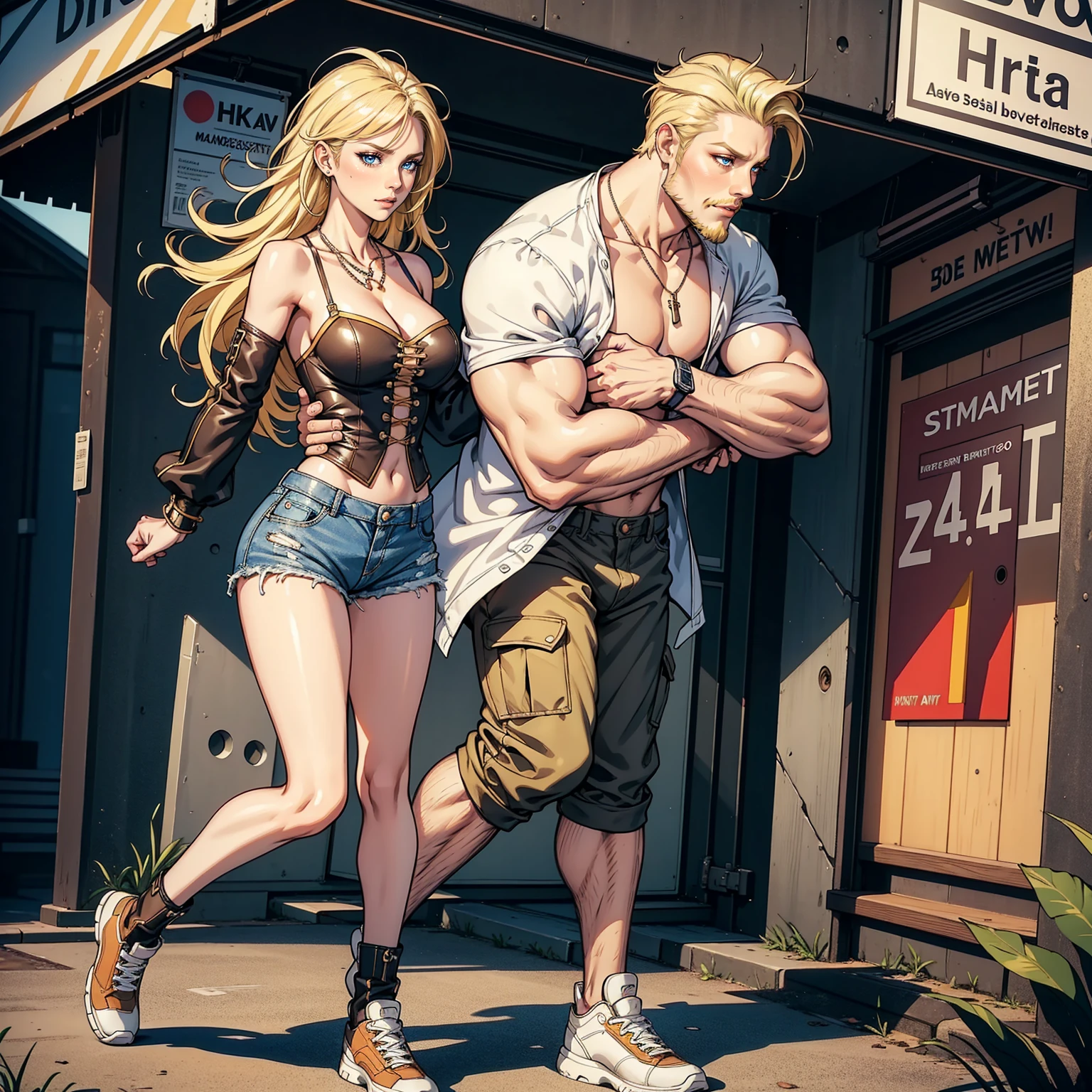 Masterpiece, Professional, High Definition - quality, sharp focus, perfect artwork, Best Illustration, trending on artstation, UHD, 4k, full body, NSFW " couple, 1man, 1girl, she blonde, blue eyes, long hair, wearing micro denim shorts and white BREAK bustier couple, 1man, 1girl, him hugging around the waist, tall and strong, short white hair, muscular, beard, Streetwear, cargo pants, necklace