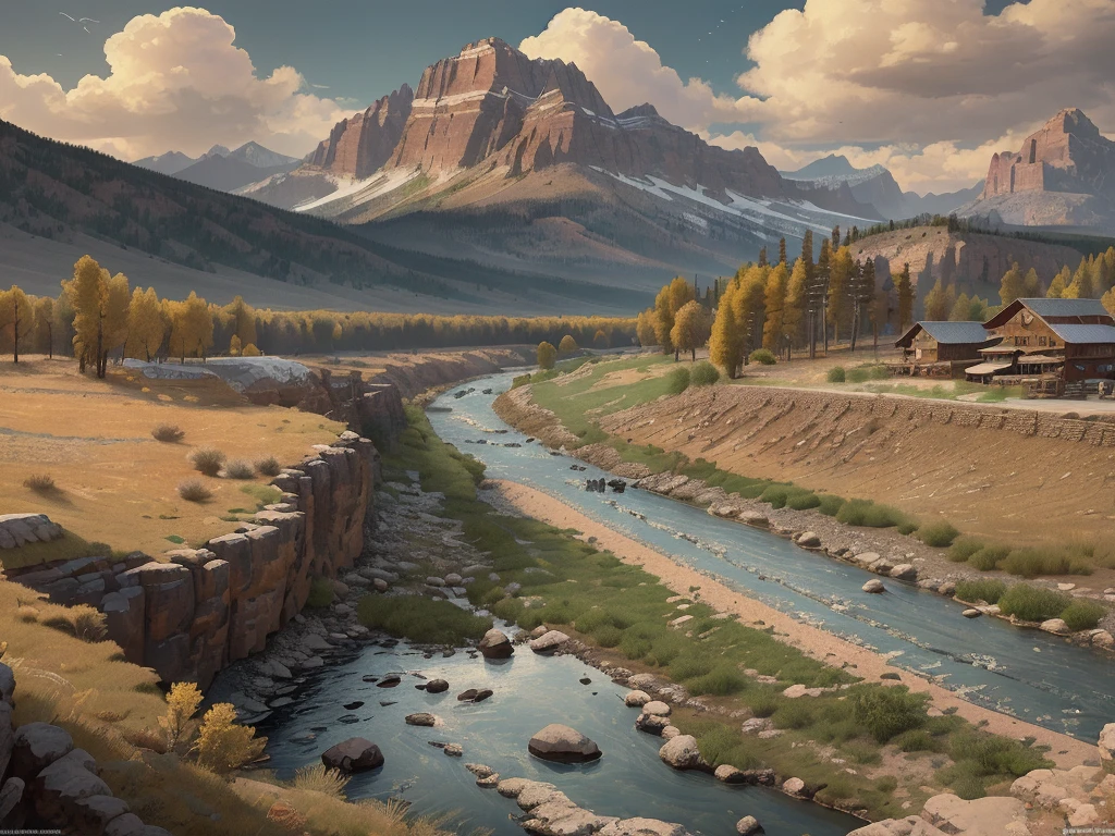 [masterpiece], a beautiful 4k image of a fantasy landscape, inspired by the rugged frontier of wyoming, a humble town of roughly 100 people, a dozen buildings including an old west style saloon and town hall, train tracks run through the outside of town from north to south along a river, in the style of video game concept art, widescreen landscape image, 3840 x 2160 resolution