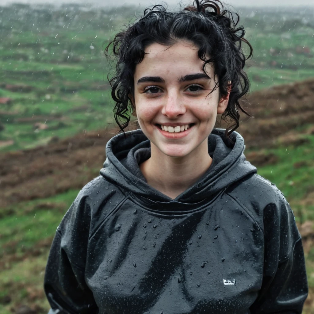 Black Curly bun black hair pale skin kurdish girl in sweatshirt standing on hill in country raining dirty smiling