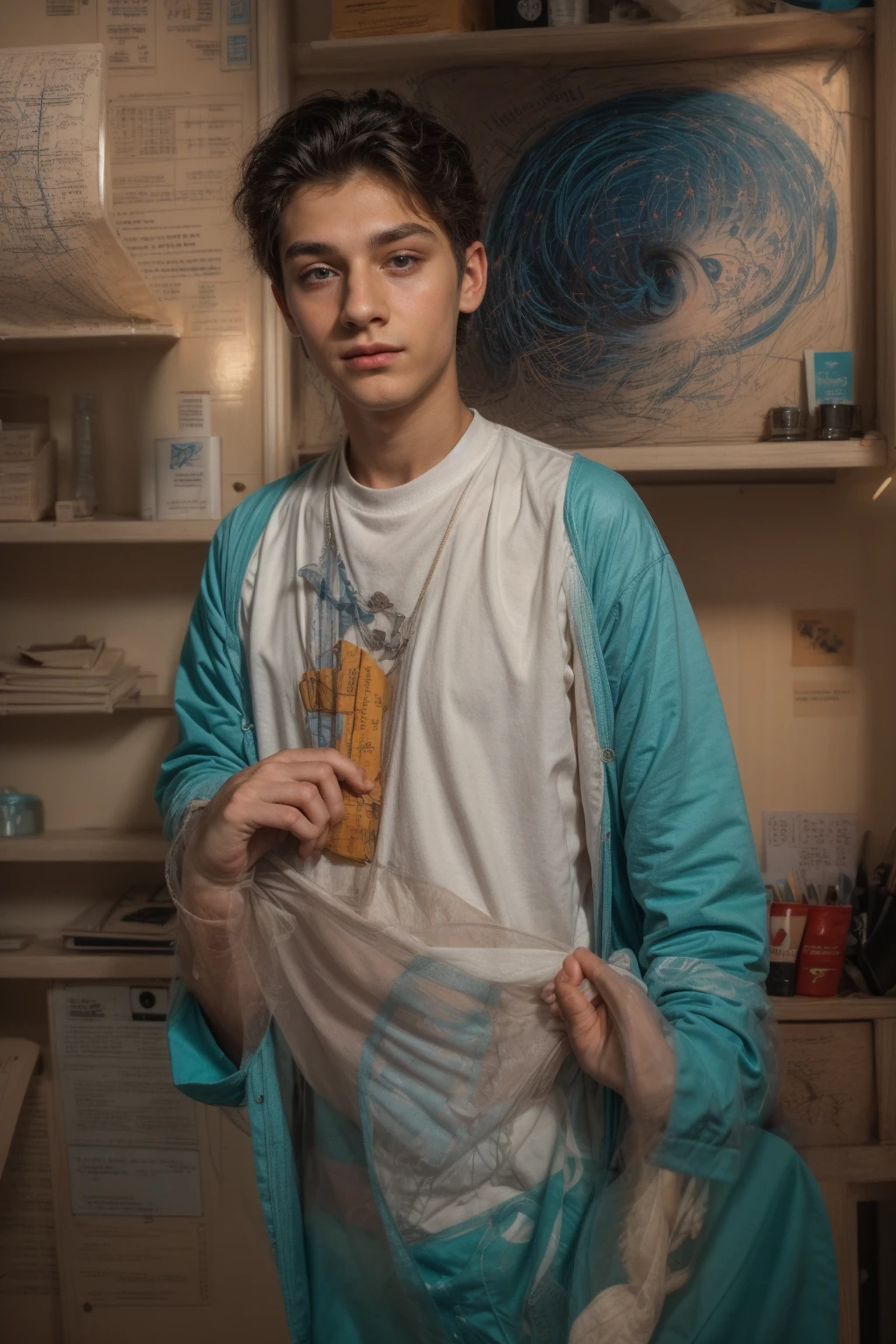 A beautiful young male twink, cute, with black hair and a face with reddish makeup, wearing a bright white long-sleeved shirt and aqua blue pants, and he is in his office, and behind him is a blackboard on which is written the shape of the brain and its anatomy, and nuclear energy comes out of it, and he has an innocent face with makeup.  And red cheeks