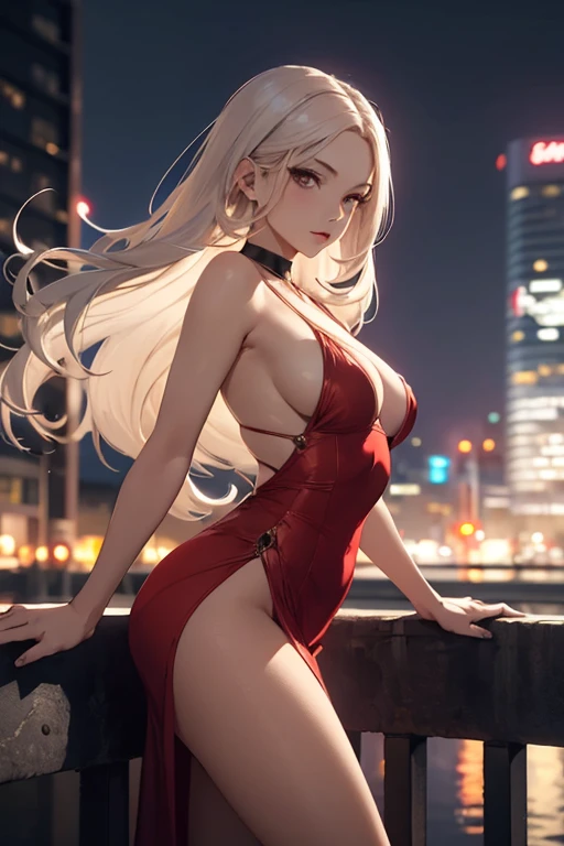masterpiece, best quality, shadows, perfect hands, perfect legs, perfect anatomy, pretty face, mature features, front view, looking at viewer, 1 girl, 21 years old, mature woman, sexy red dress, city night background, white long hair, seductive, spicy, posing, cinematography lights,
