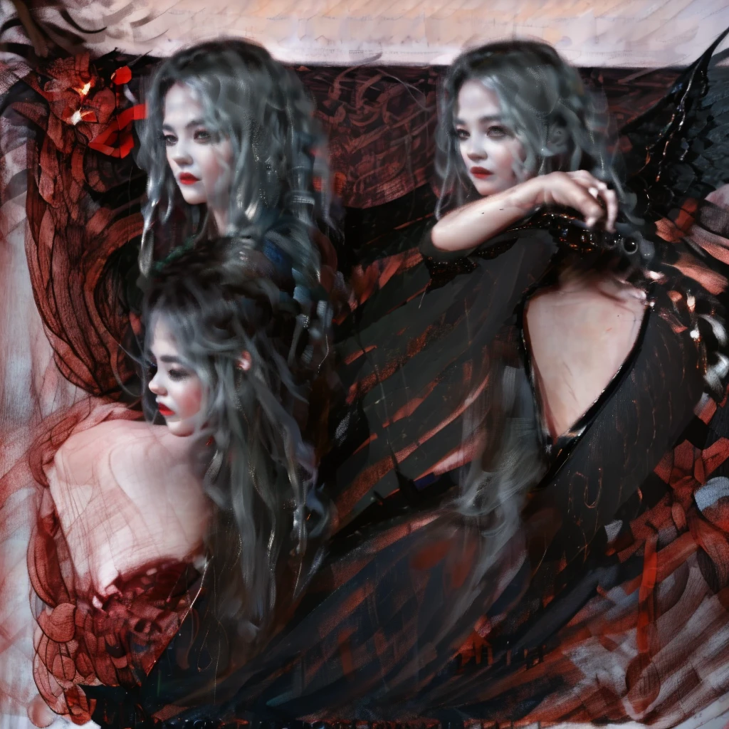 (((Remilia Scarlet))), beautiful detailed eyes, beautiful detailed lips, extremely detailed face and features, porcelain skin, long silver-blue hair, elegant pink dress, black bat wings, vampire, dark moody background, dramatic lighting, mysterious and alluring, highly detailed, 8k, photorealistic, fantasy portrait