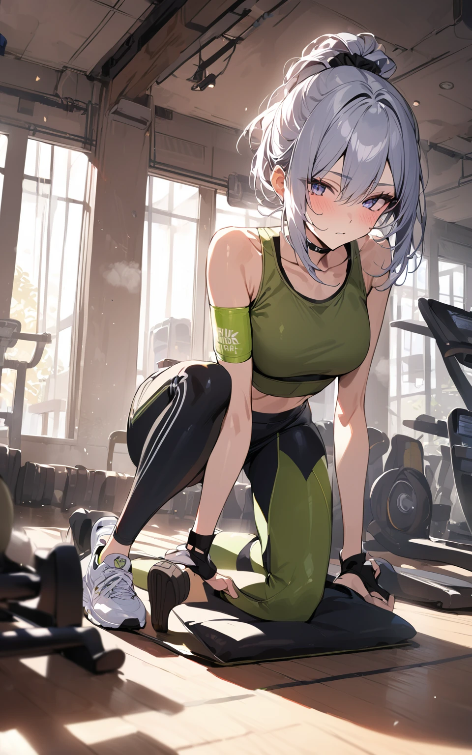 Masterpiece, best quality, 1girl, Fitness modell, olive crop top, short yoga pants, Hometrainer in a gym, saddle
