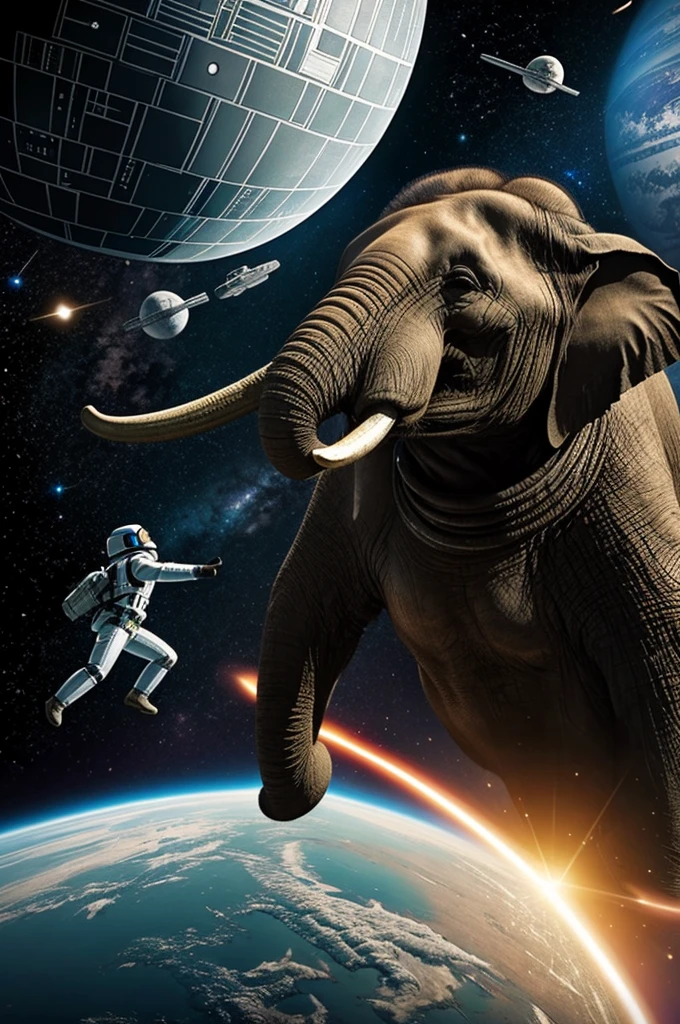An elephant with a human head in space fighting the death star