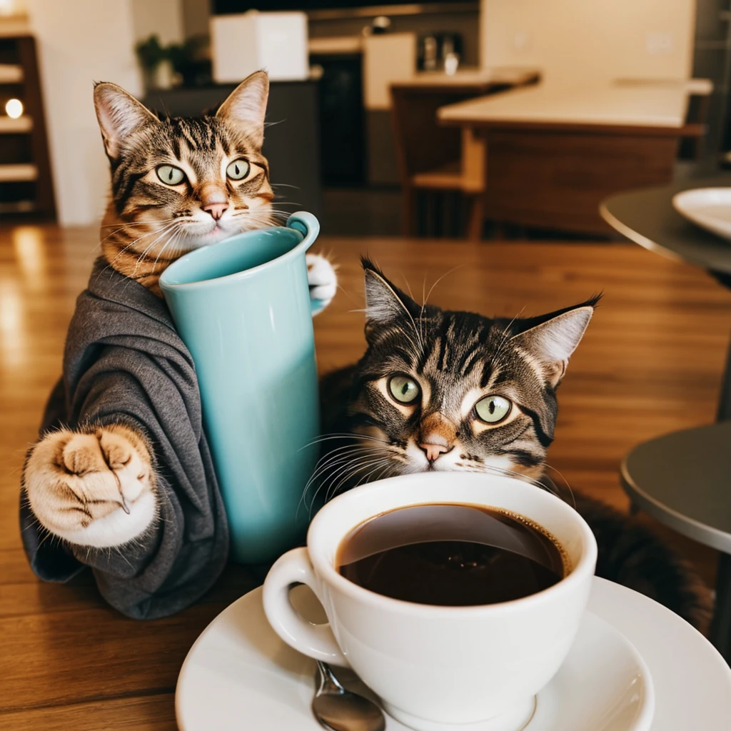 Happy cat with a cup of coffee