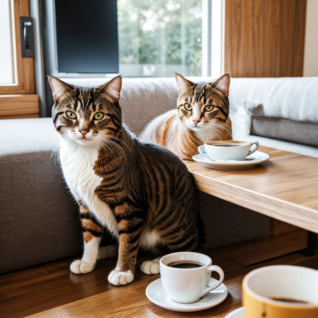 Happy cat with a cup of coffee