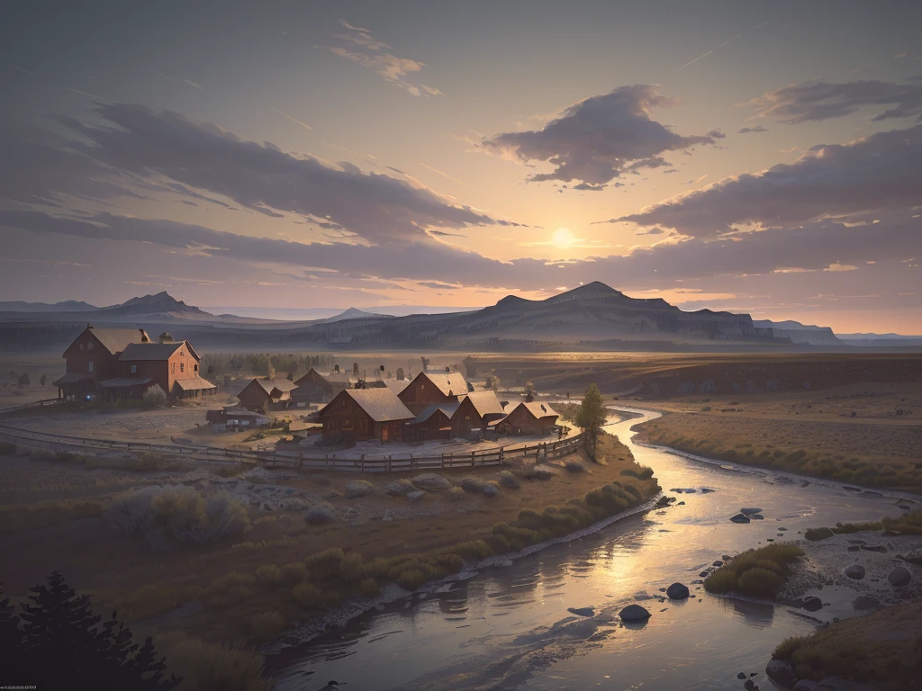 [masterpiece], a beautiful 4k image of a fantasy landscape, inspired by the rugged frontier of wyoming, a humble town of roughly 100 people, a dozen buildings including an old west style saloon and town hall, train tracks run through the outside of town from north to south along a river, in the style of video game concept art, widescreen landscape image, 3840 x 2160 resolution