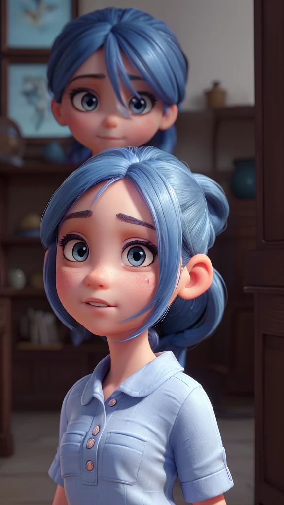 1 girl, round face, very big detailed eyes, long eyelashes, blue hair with detailed ponytail, hands on waist, loose short-sleeved blouse, bare abdomen, watery cargo pants, Jordan Dior style sneakers, (best quality,4k,8k,highres,masterpiece:1.2),ultra-detailed,(realistic,photorealistic,photo-realistic:1.37),extremely detailed eyes and face,longeyelashes,highfashion,portrait