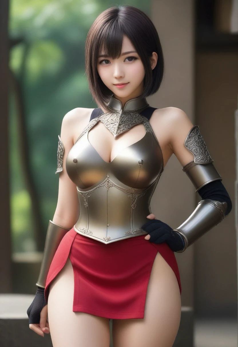 8K, Ultra-high resolution, Highest quality, masterpiece, 三分割法によるphotograph,Surreal, photograph, 1 Girl, (:1.3), pretty girl, Cute face, Beautiful eyes in every detail, 細かくdetailedに,masterpiece,, One Girl:1.2, Japan Female Announcer,whole body,{{{Browsing Caution:1.5}}},{{{Grab your chest:1.5}}},{{{Browsing Caution:1.5}}},{Highest quality}, {Very beautiful}, {非常にdetailedな}, {The best An illustration}, masterpiece,{{{Skirt flip:1.5}}},((Showing off her micro pants)),((Holy Knight)), ((Bronze armor))、((((Extremely detailed and intricately decorated armor:1.1)))),Red Cowboy Shot,smooth udder 、(Golden Ratio,Tabletop, colorful,最高のdetailed,An illustration, Great scene, (Adult,16 years oldlone, Final Fantasy 12,Asheria:1.5,short hair,Bobcut,Black Hair:1.2, mini skirt,Knee socks, Attractive thighs, Sensual,A carefree smile,Heal the heart,Black Hair,Short Bob,Looking at the audience、beauty,Long neck、Laugh a little、Please close your mouth and laugh、(((Ideal body type))),A cup small breasts :2,、Portraiture:2、Perfect Anatomy、鮮明なdetailed、detailed、Surreal、Light and shadow,Strong light