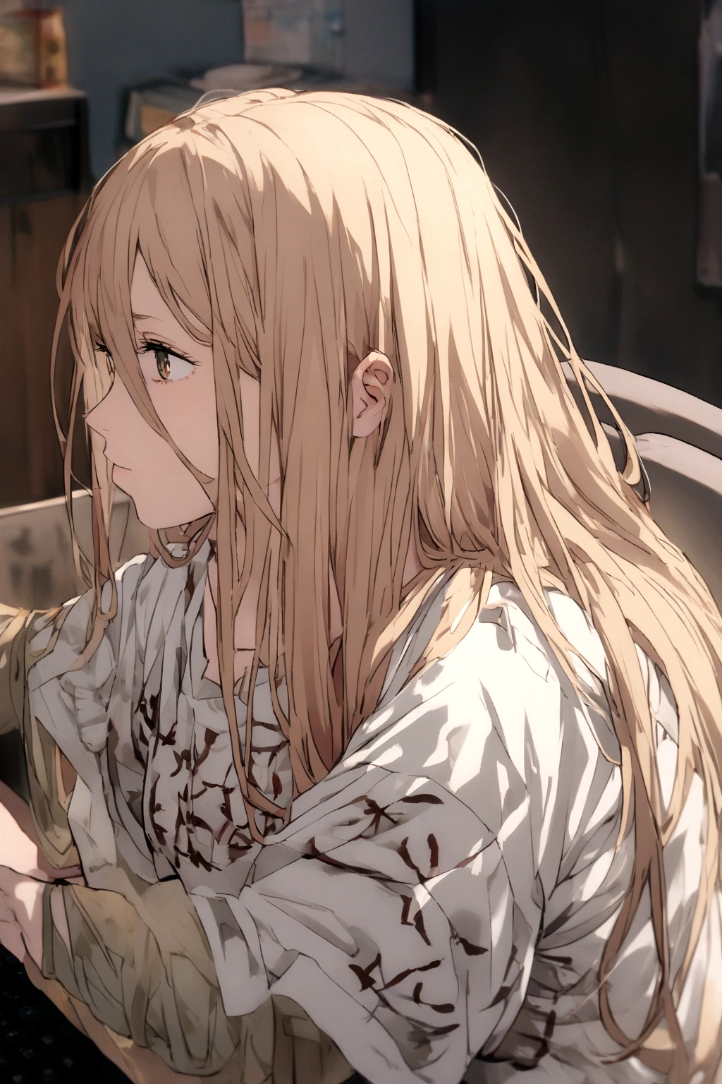A Power,playing on a PC,all happy ,wearing a shirt written, Harl,in the middle, of the shirt, side view.