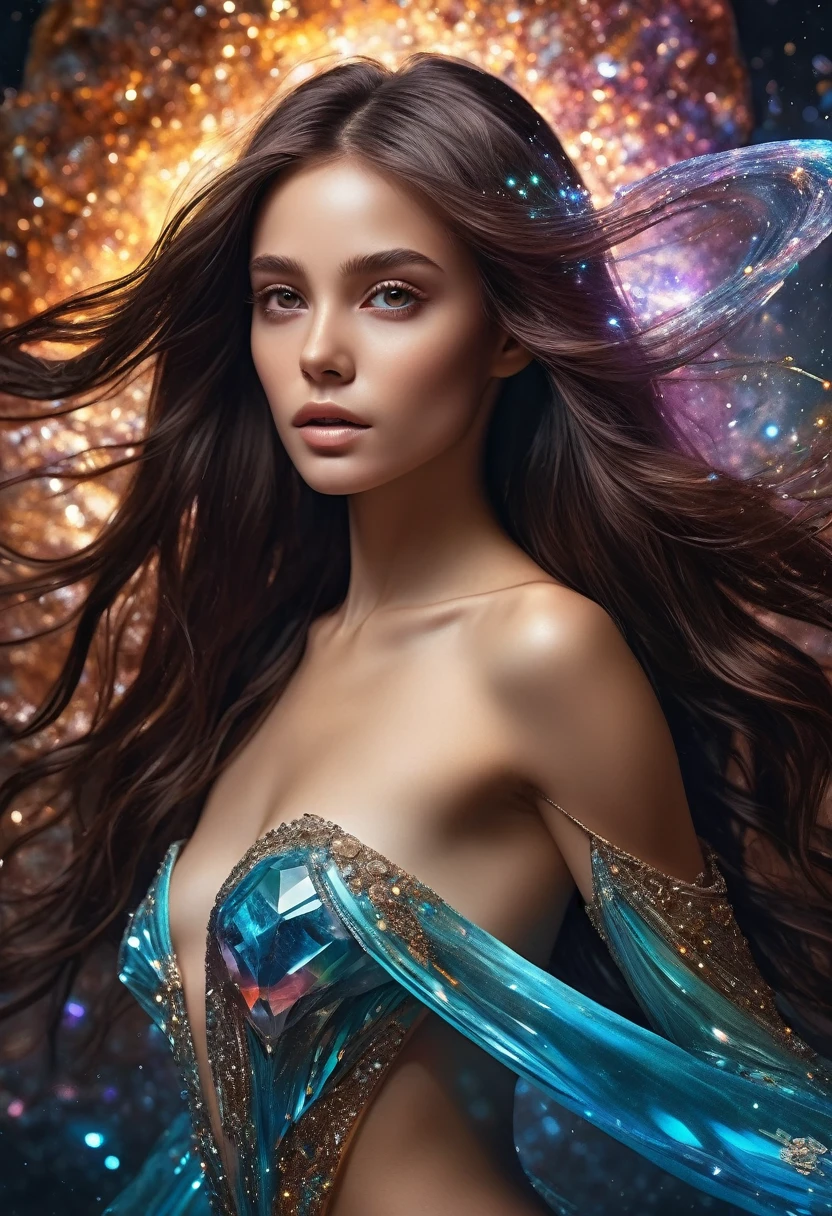 An alien girl whose body is made of minerals, diamond, Topaz, (best quality, highres, ultra-detailed), portraits, vivid colors, studio lighting, realistic, long dark brown hair flowing in the wind, sparkling brown eyes, otherworldly beauty, surreal atmosphere