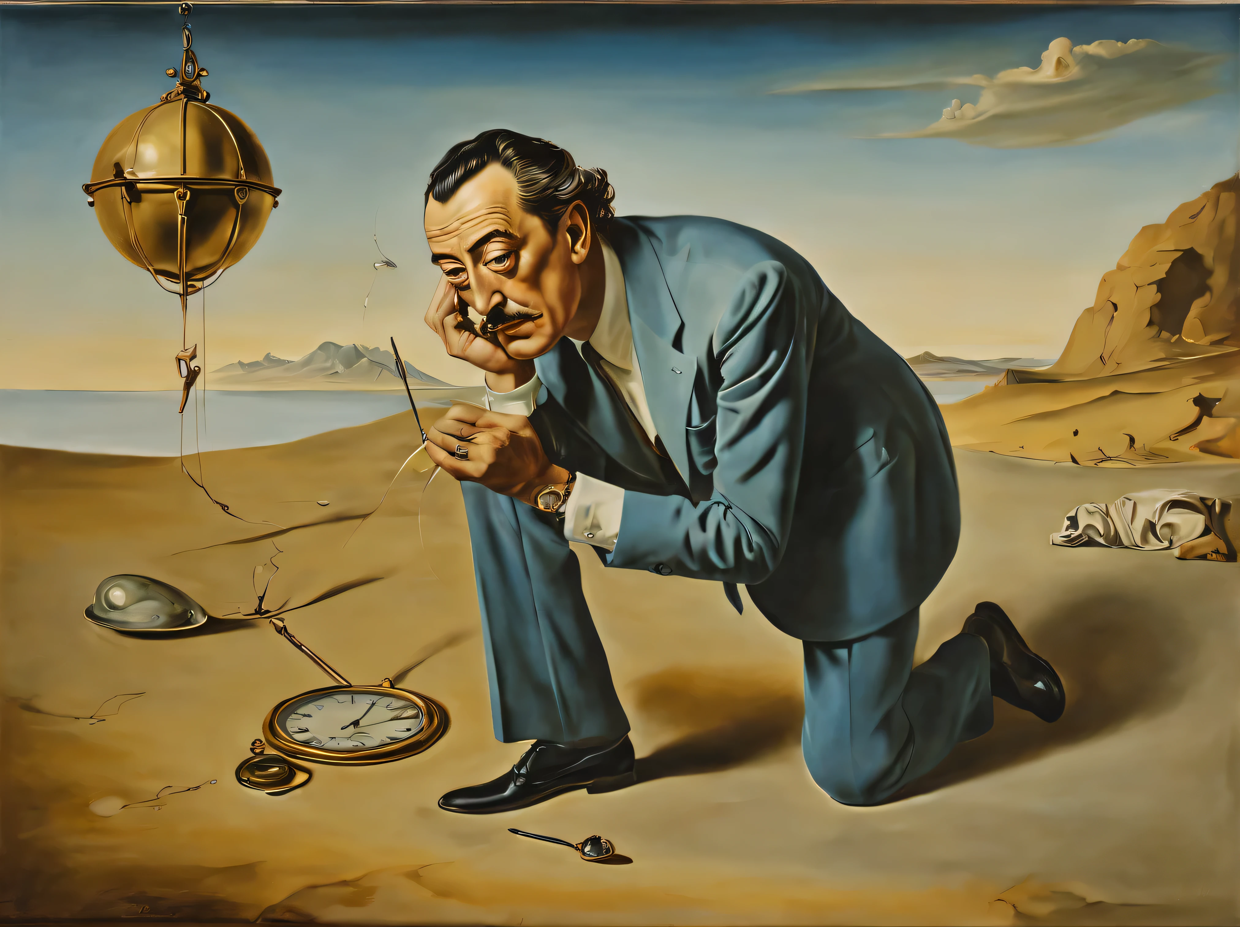 painting by Salvador Dali, Man is wasting time, full compliance with the style of Salvador Dali, oil, canvas, high detail, a high resolution, a high resolution, 8K