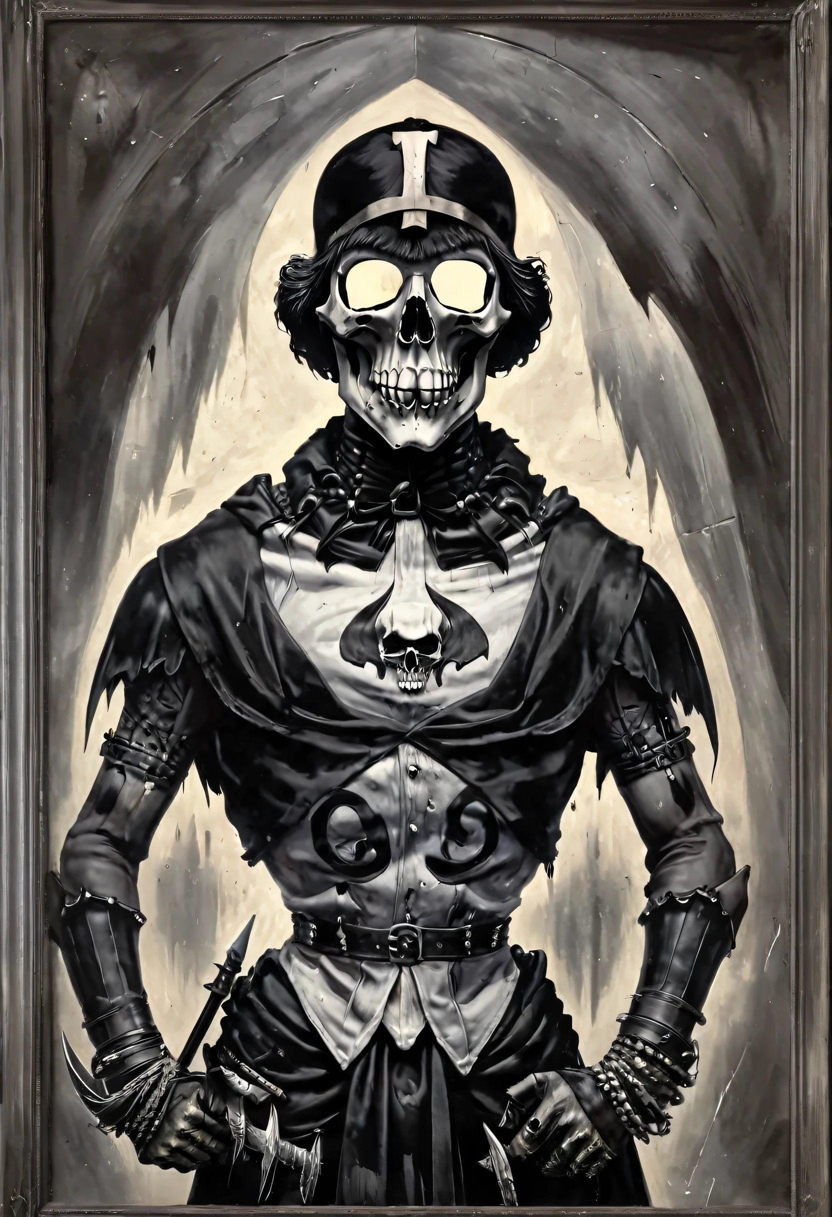 (best quality,4k,8k,highres,masterpiece:1.2),ultra-detailed,(realistic,photorealistic,photo-realistic:1.37),oil painting,colorful,brush strokes,dramatic lighting,horror,skull man warrior,aged paper,aesthetic,dripping ink,gritty texture,dark and moody atmosphere,detailed facial features,expressionless face,intense gaze,weathered armor,worn out sword,ancient runes,crow feathers,ominous background,grim reaper vibes,haunting,creepy,macabre,vintage style,monochrome with sepia tones,contrast,depth,texture,old world charm,subtle decay,aged elegance,cracked paint,weathered detailspeated paint,cracked stone texture,long shadows,dusty appearance,creased edges,sculptural quality